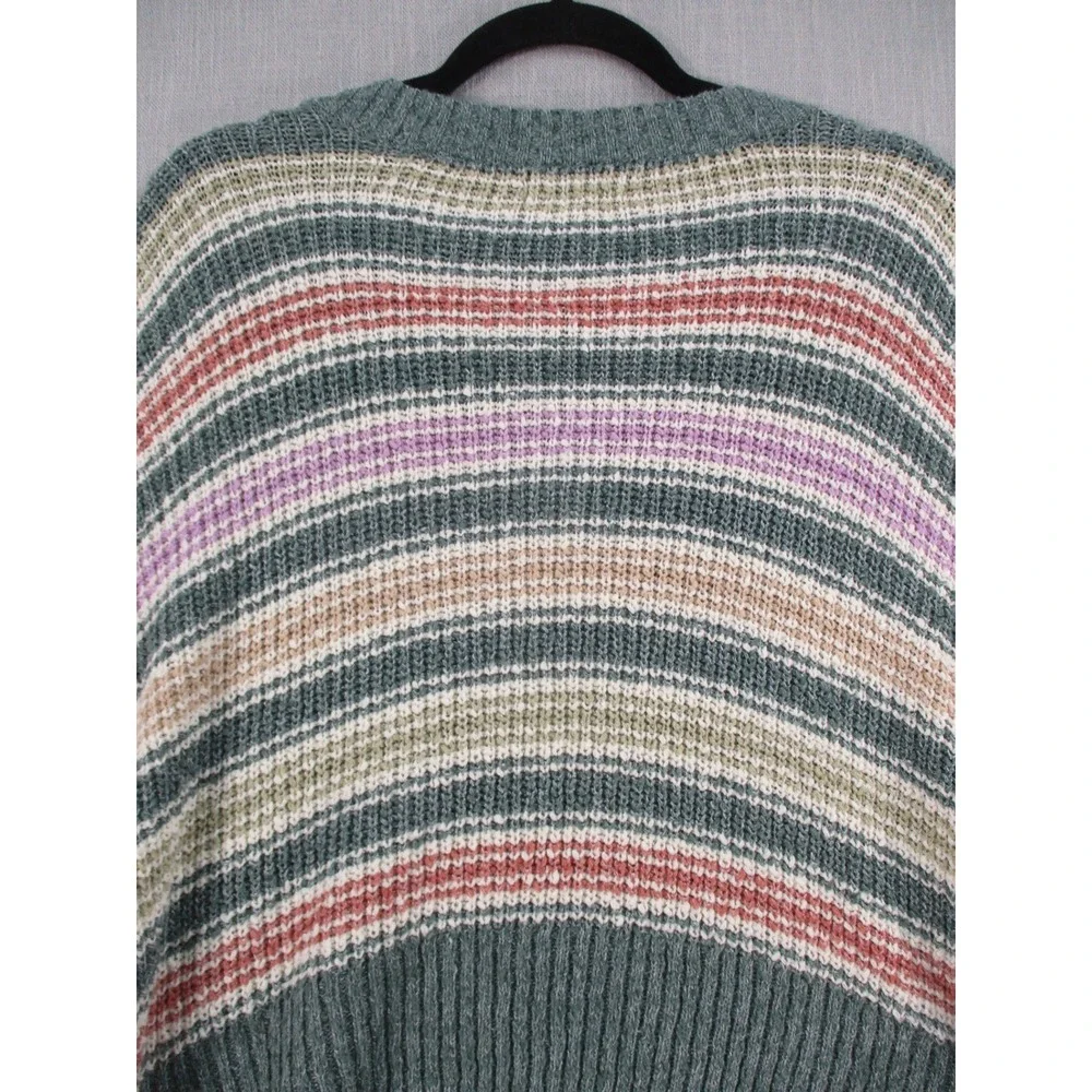American Eagle Striped V-Neck Sweater Womens Medium Green Pink Knit Pullover
